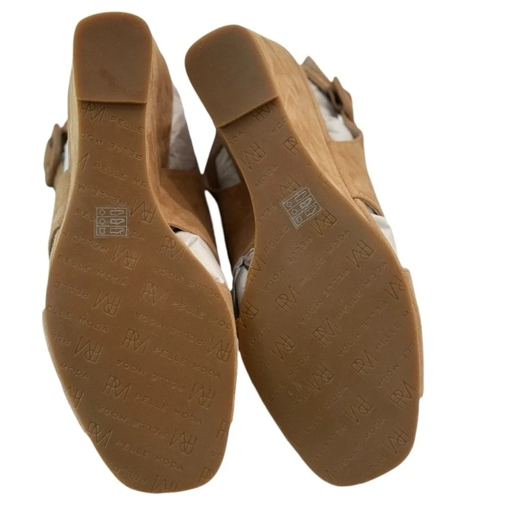 Pelle Moda Rina-Su Latte Suede Wedge Sandals Tan‎ Slingback Buckle Womens 9.5M